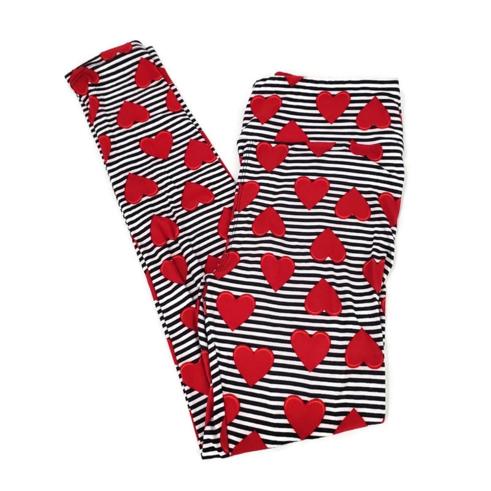 Lularoe Valentine’s Day Leggings OS Novelty Print Hearts and Stripes Super Soft